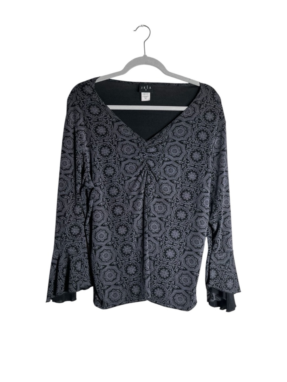 Y2K Boho Paisley Top 1X Bell Sleeve V Neck Indie Stretch Blouse
